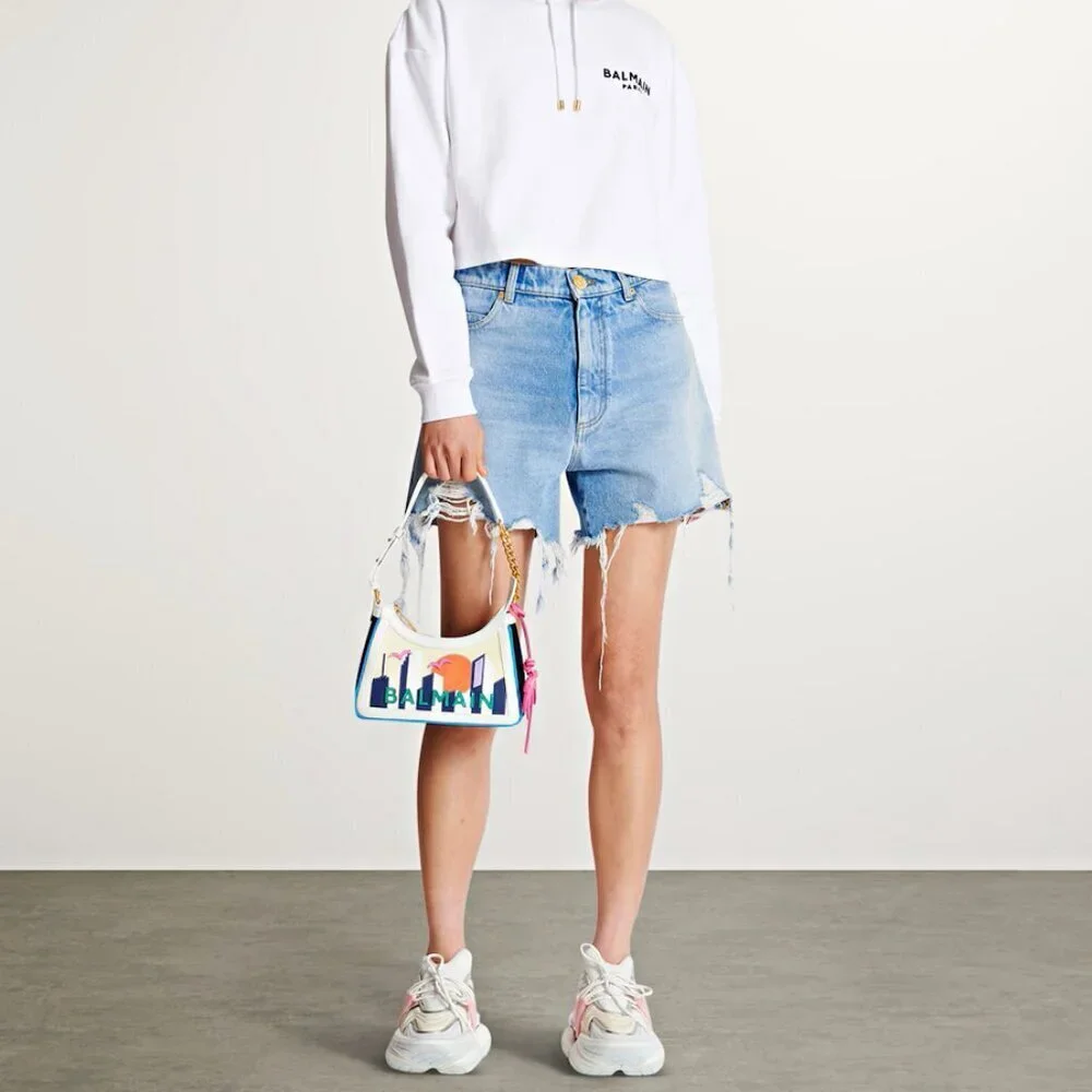 Balmain B-Army Postcard Canvas & Leather Shoulder Hobo Bag (MSRP $1,850)